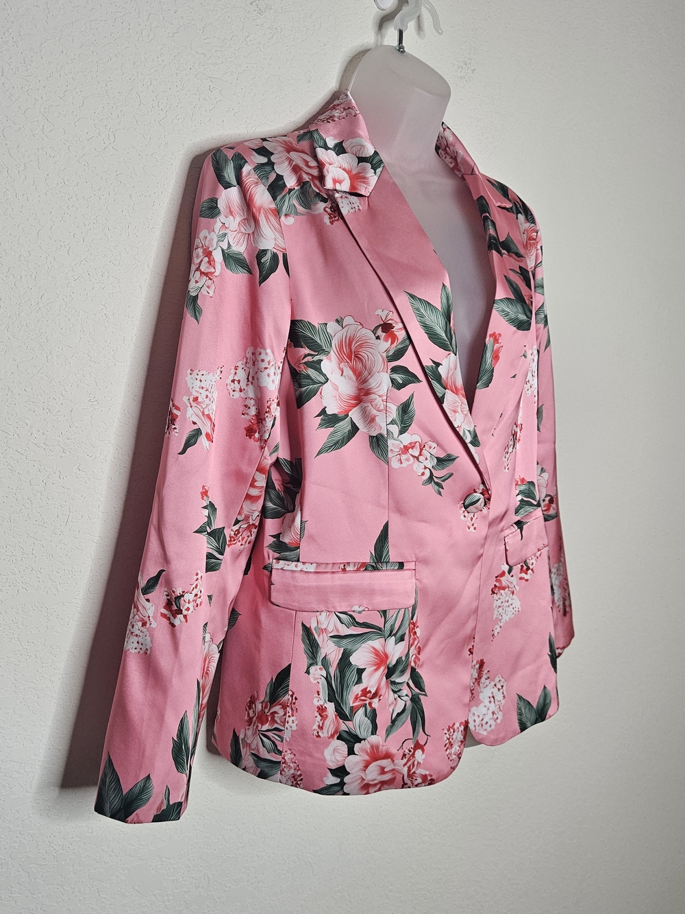 Pink Floral Satin Blazer Jacket Women’s Large Single Button Statement Jacket - Picture 2 of 9